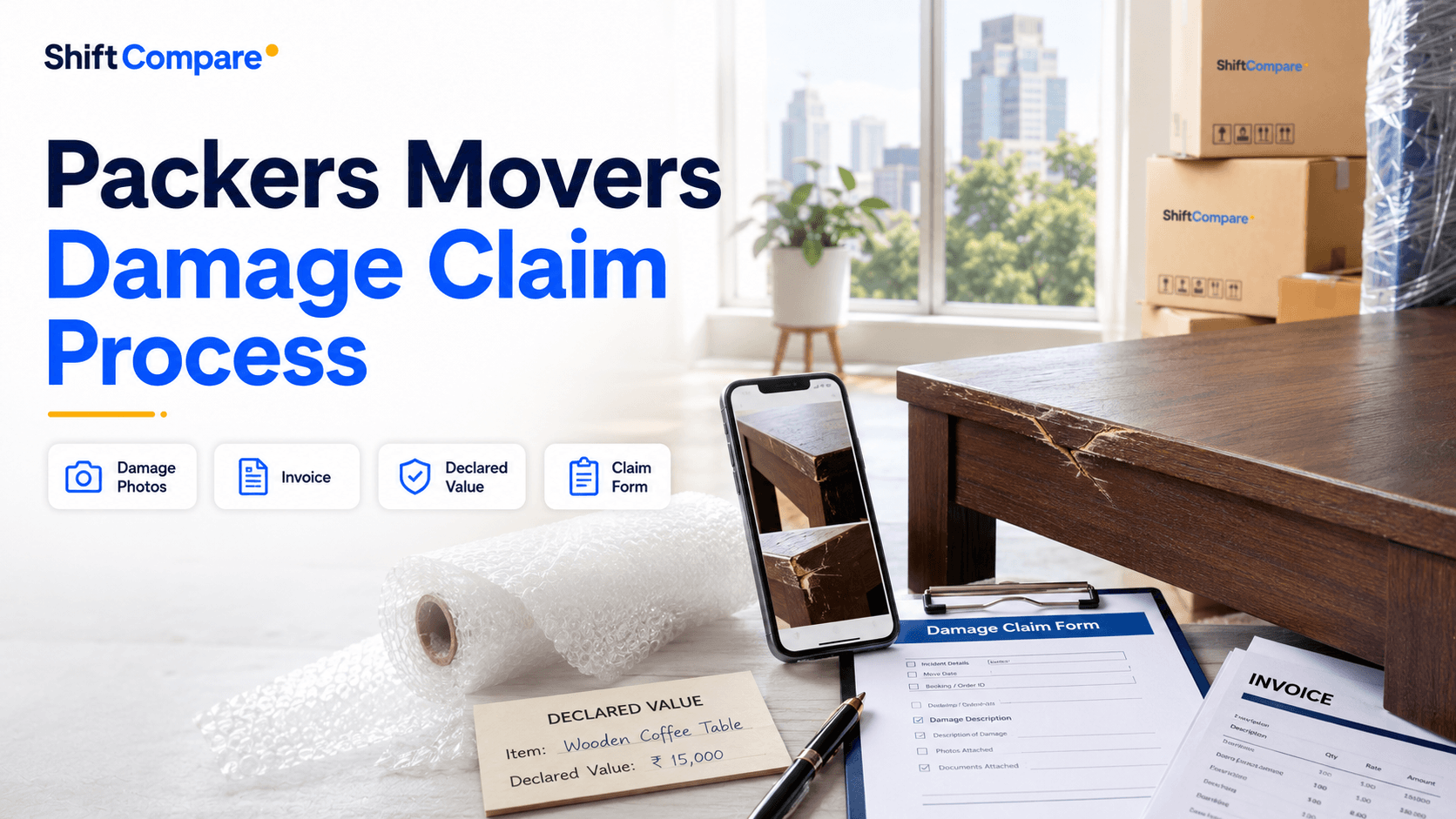 Packers movers damage claim process with photos, delivery note, insurance terms and repair estimate